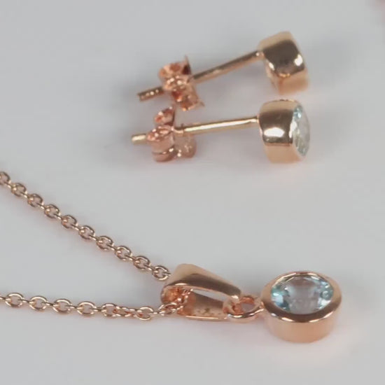 Sterling Silver 18ct Rose Gold Plated March Birthstone Earrings & Necklace Set