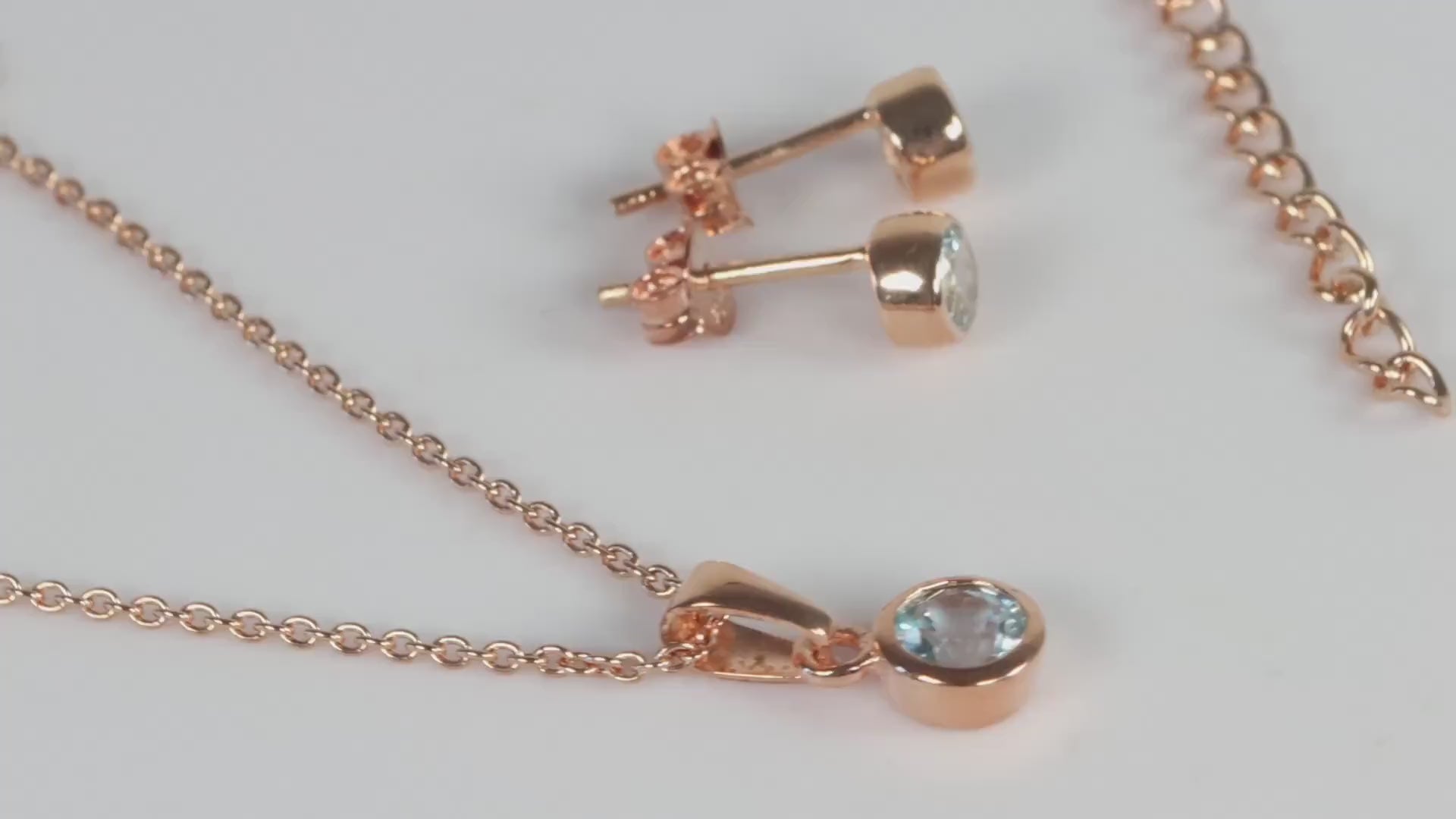 Sterling Silver 18ct Rose Gold Plated March Birthstone Earrings & Necklace Set