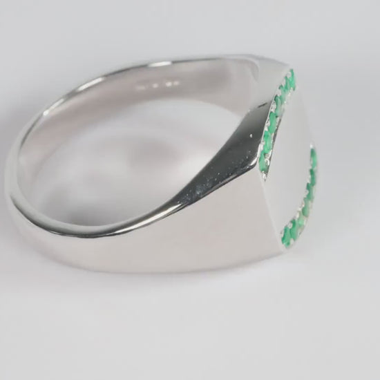 Silver Cushion Signet Ring set with Green Emerald Gemstones