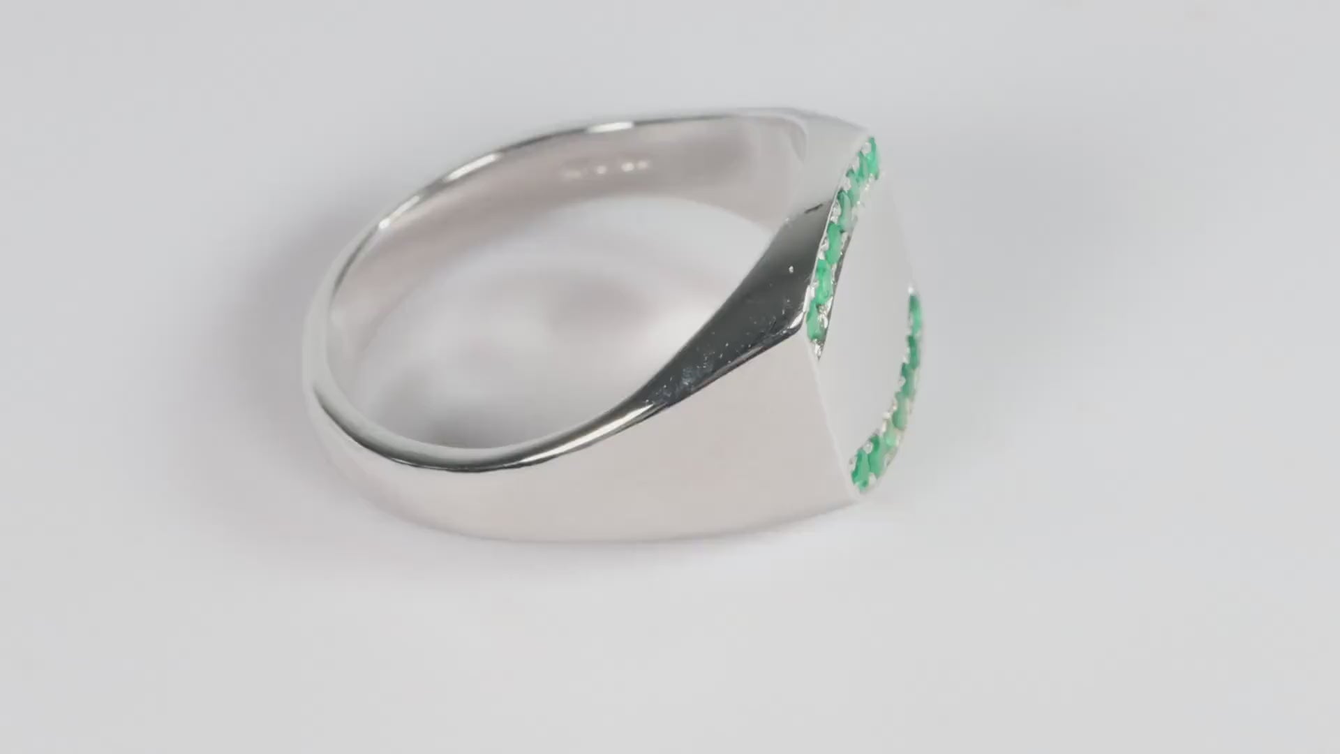Silver Cushion Signet Ring set with Green Emerald Gemstones