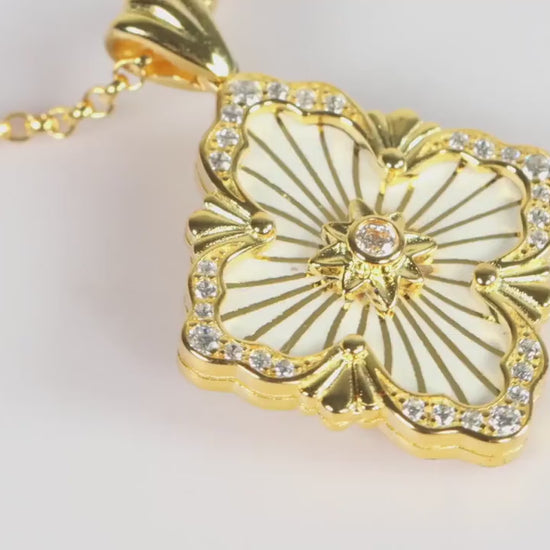 Gold Renaissance Pendant Necklace, White Enamel Statement Jewellery, Vintage Inspired Gift for Her