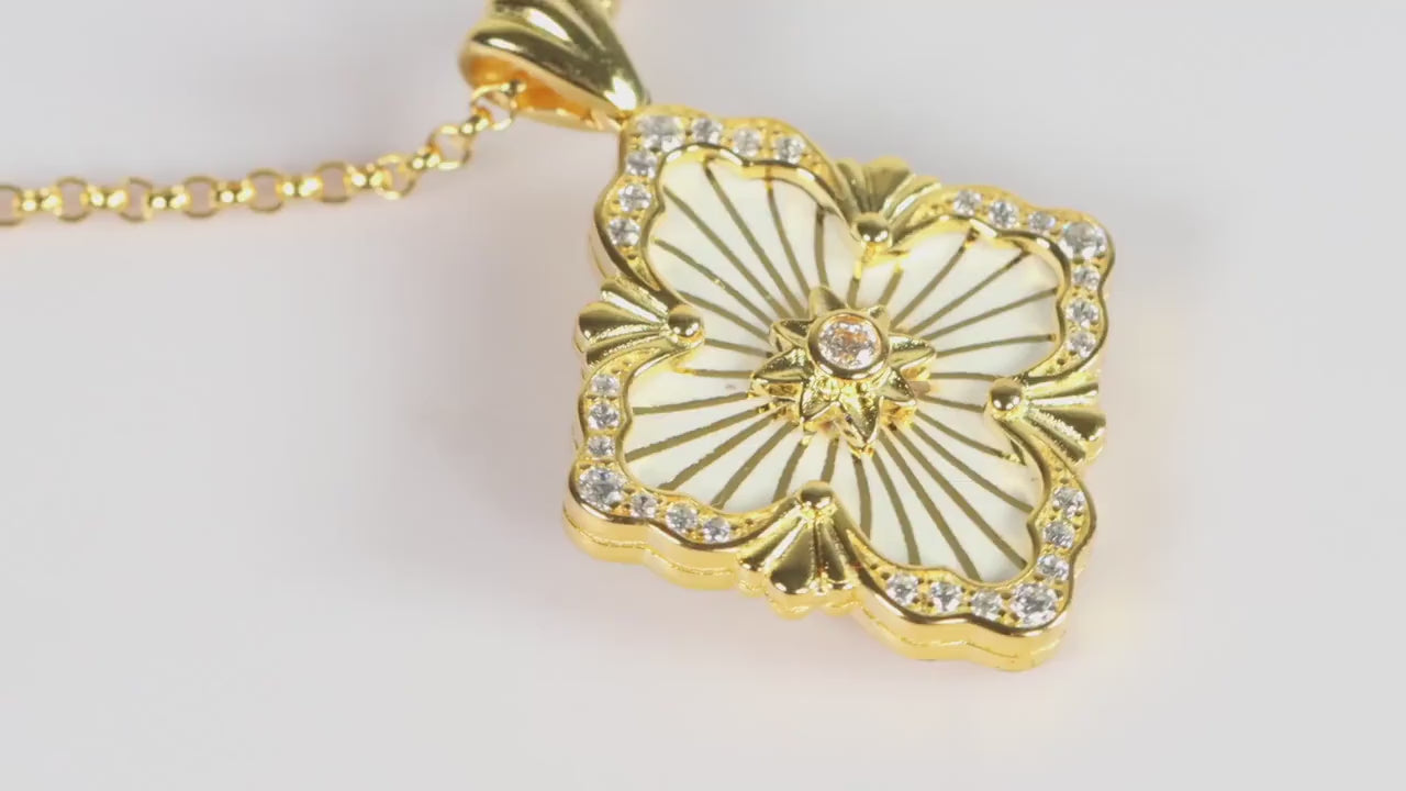 Gold Renaissance Pendant Necklace, White Enamel Statement Jewellery, Vintage Inspired Gift for Her