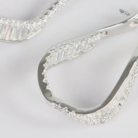 Sterling Silver 925 Wavy Hoop Earrings with Baguette and Round CZs