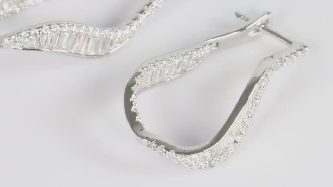 Sterling Silver 925 Wavy Hoop Earrings with Baguette and Round CZs