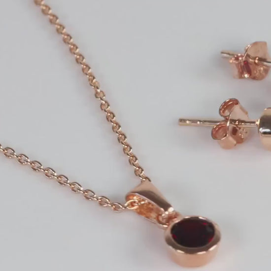 Sterling Silver 18ct Rose Gold Plated January Birthstone Earrings & Necklace Set