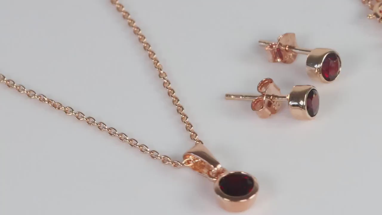 Sterling Silver 18ct Rose Gold Plated January Birthstone Earrings & Necklace Set