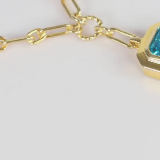 Blue Emerald Cut CZ Pendant Necklace, Gold Paperclip Chain, Gift for Her