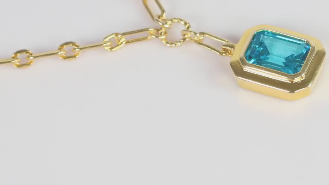 Blue Emerald Cut CZ Pendant Necklace, Gold Paperclip Chain, Gift for Her