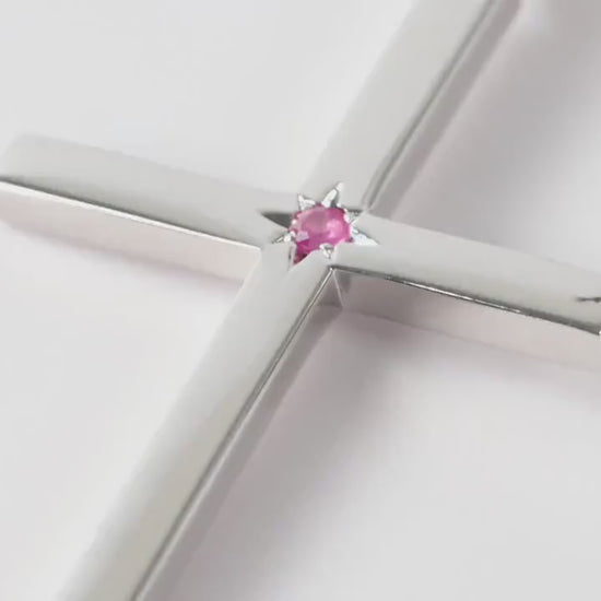Slim Silver Cross Pendant set with Ruby Gemstone