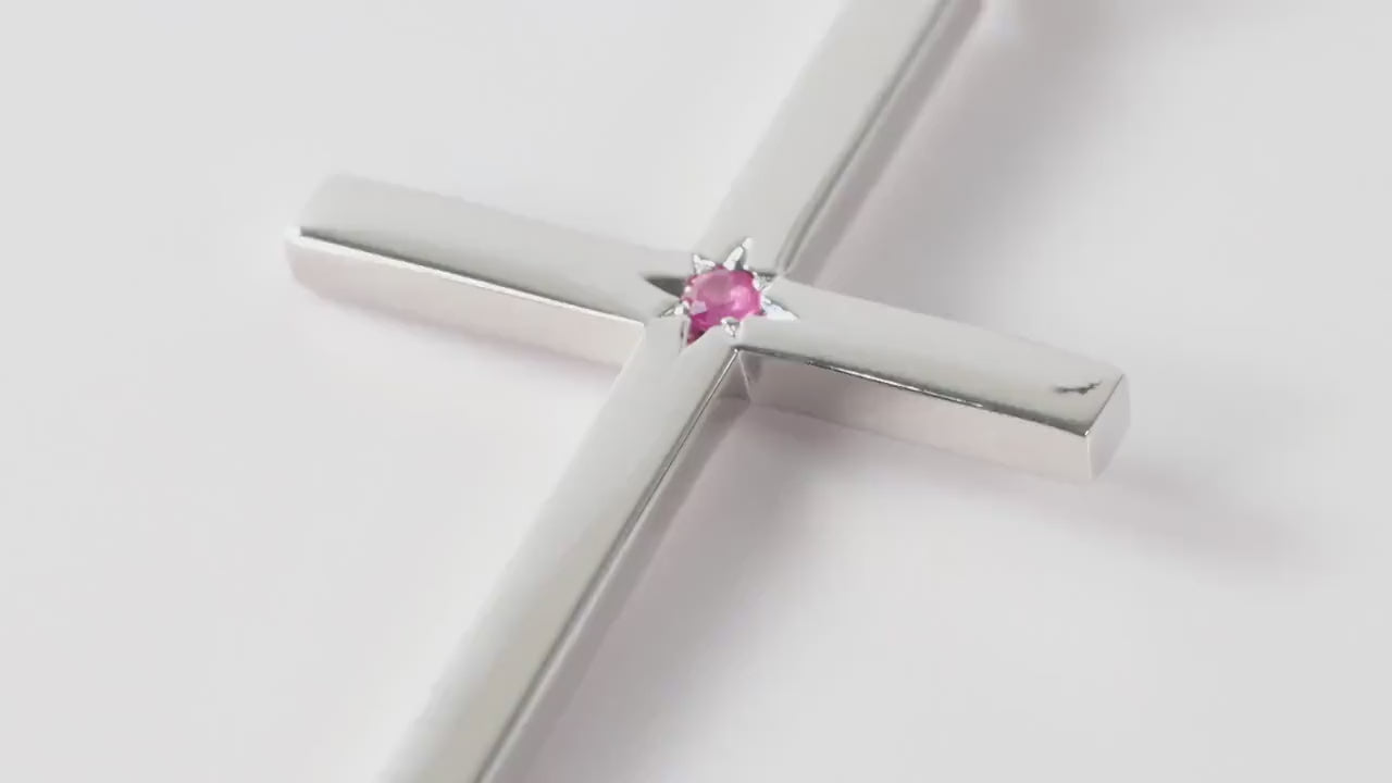 Slim Silver Cross Pendant set with Ruby Gemstone