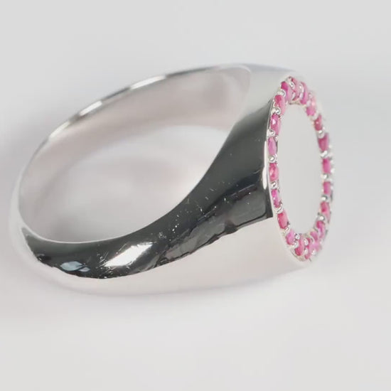 Silver Round Signet Ring set with Pink Red Ruby Gemstones
