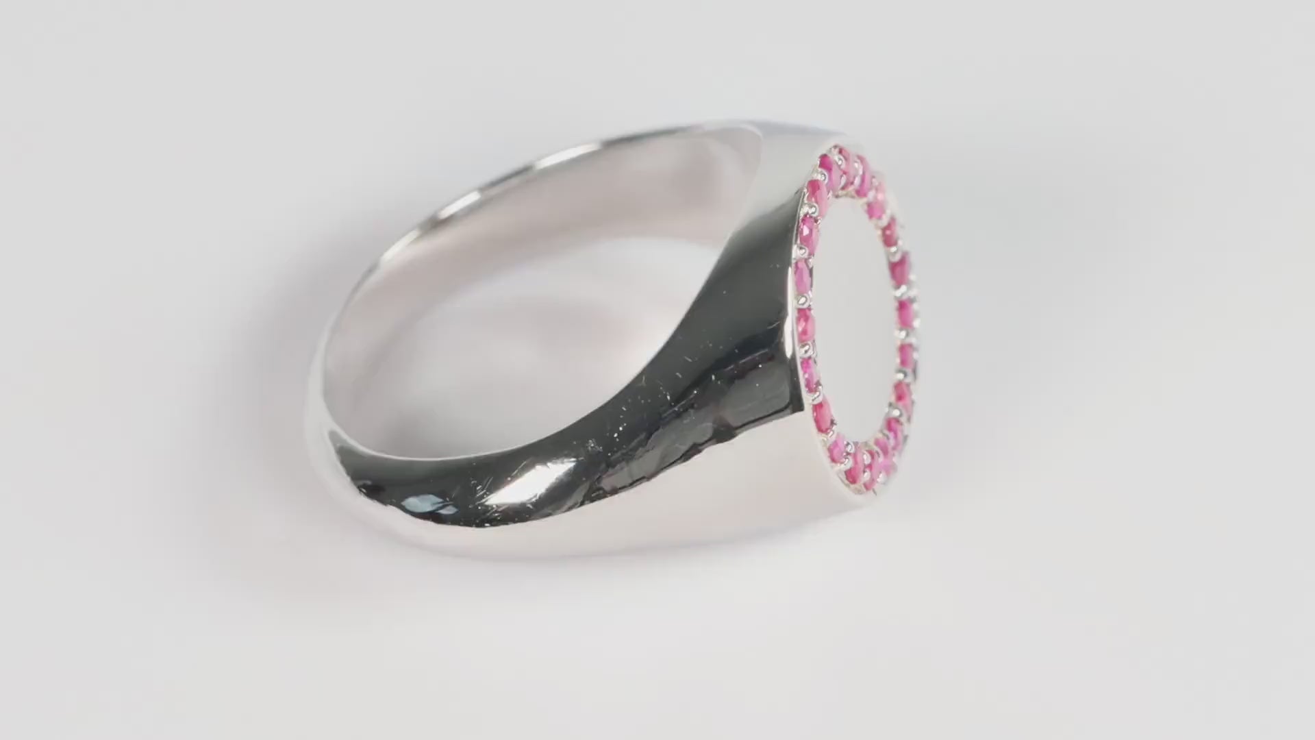 Silver Round Signet Ring set with Pink Red Ruby Gemstones