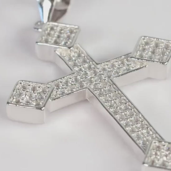 Sterling Silver 925 Medium Slim CZ Encrusted Budded Cross Pendant Necklace
