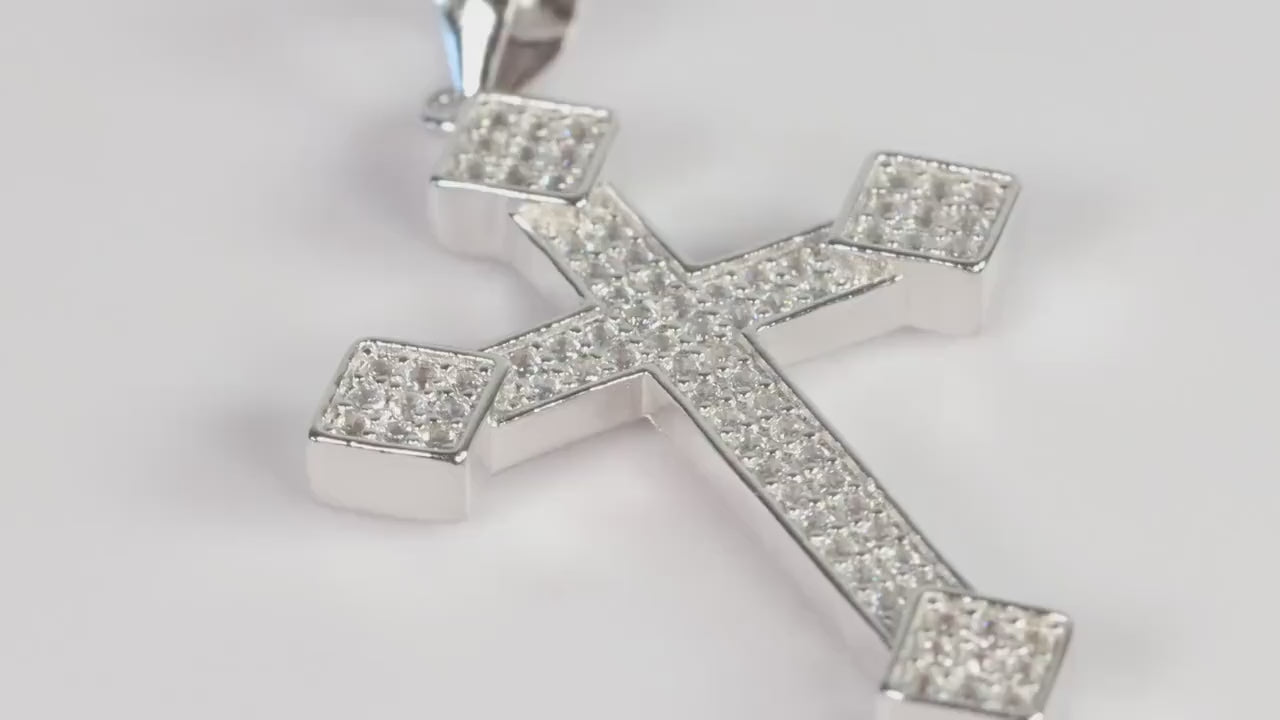 Sterling Silver 925 Medium Slim CZ Encrusted Budded Cross Pendant Necklace