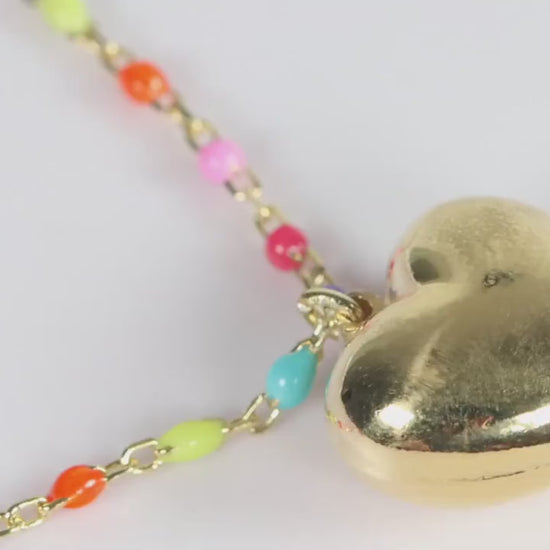 Gold Puffy Heart Pendant Necklace, Rainbow Beaded Chain, Colourful Gift for Her