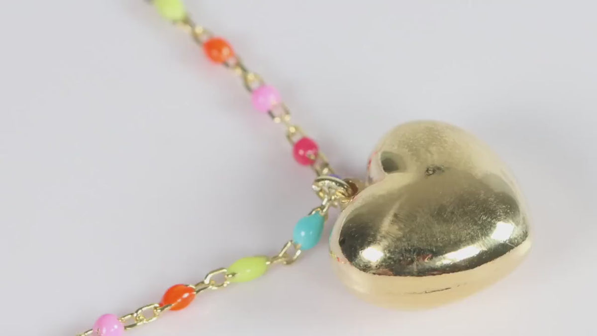 Gold Puffy Heart Pendant Necklace, Rainbow Beaded Chain, Colourful Gift for Her