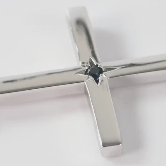 Slim Silver Cross Pendant set with Sapphire Gemstone