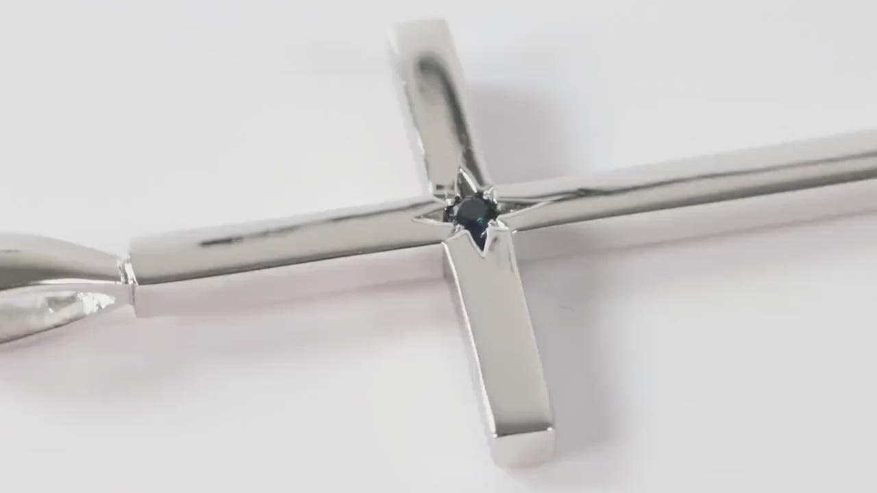 Slim Silver Cross Pendant set with Sapphire Gemstone