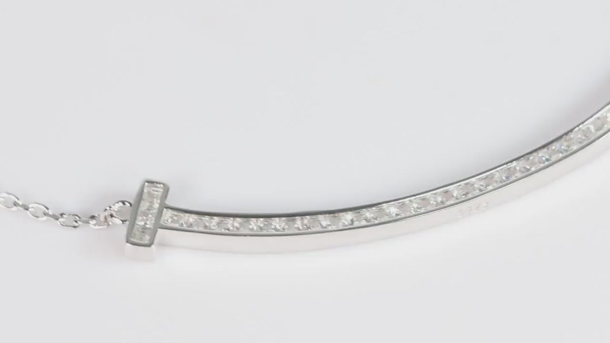 Silver Curved CZ Bar Necklace, Sparkling T Bar Necklace, Gift for Her