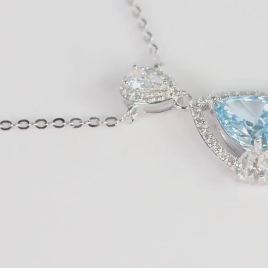 Silver Blue Teardrop CZ Pendant Necklace, Sparkling Halo Statement Jewellery, Gift for Her