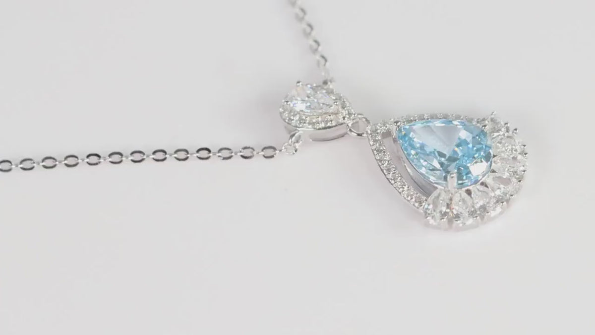 Silver Blue Teardrop CZ Pendant Necklace, Sparkling Halo Statement Jewellery, Gift for Her