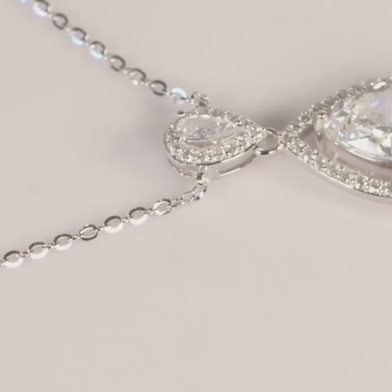 Silver Teardrop CZ Pendant Necklace, Sparkling Halo Statement Jewellery, Gift for Her