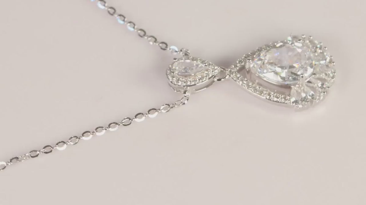 Silver Teardrop CZ Pendant Necklace, Sparkling Halo Statement Jewellery, Gift for Her