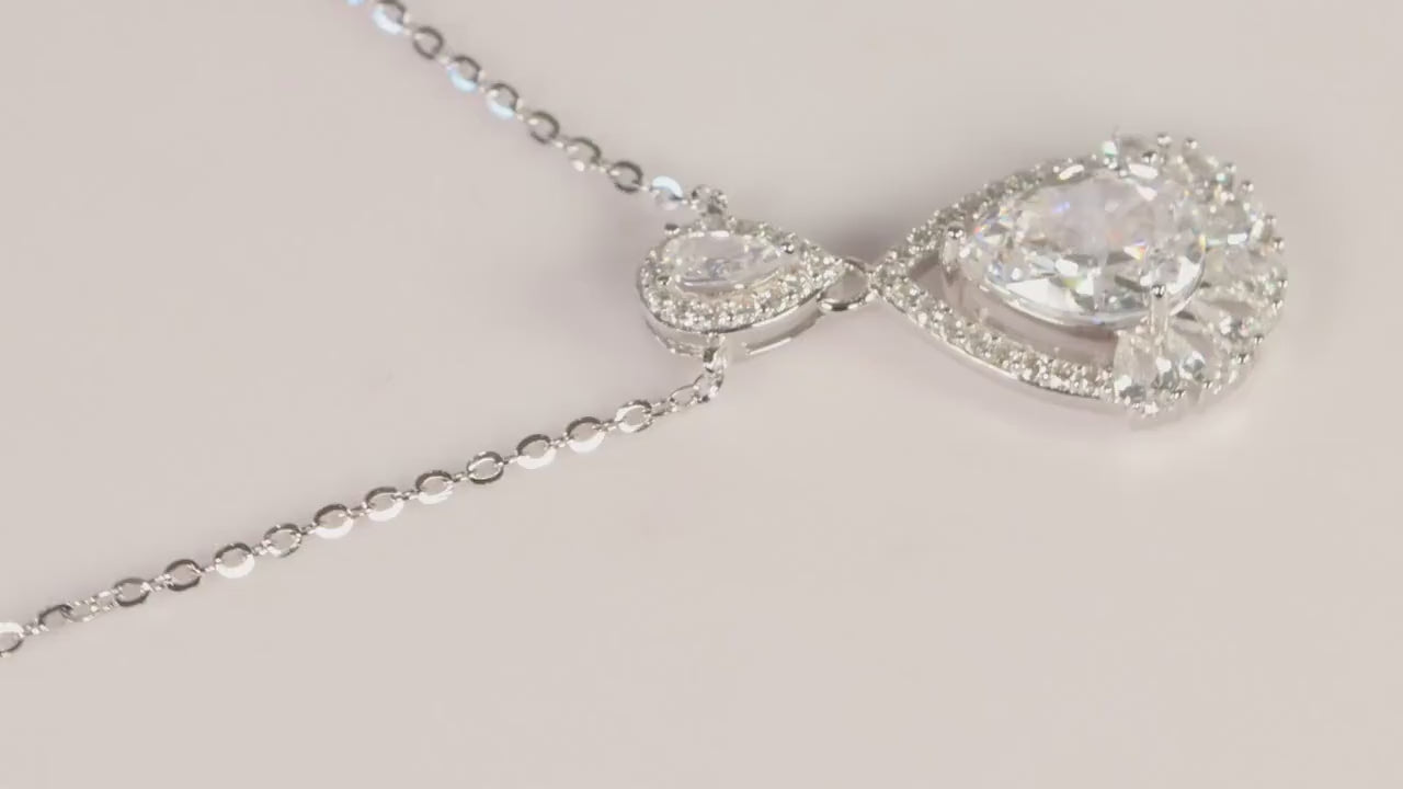 Silver Teardrop CZ Pendant Necklace, Sparkling Halo Statement Jewellery, Gift for Her