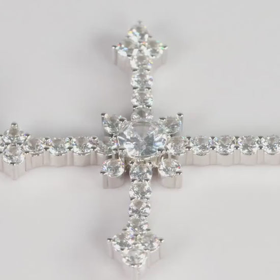 Sterling Silver 925 Large CZ Encrusted Budded Arrow Cross Pendant Necklace