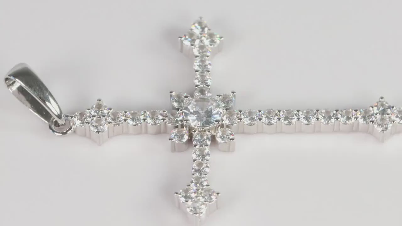 Sterling Silver 925 Large CZ Encrusted Budded Arrow Cross Pendant Necklace