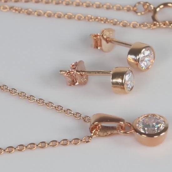 Sterling Silver 18ct Rose Gold Plated April Birthstone Earrings & Necklace Set