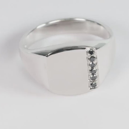 Silver Cushion Signet Ring set with Black Diamonds
