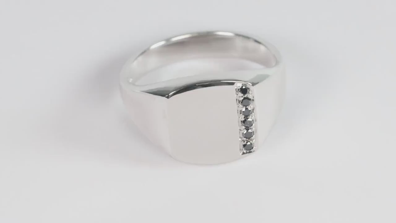 Silver Cushion Signet Ring set with Black Diamonds