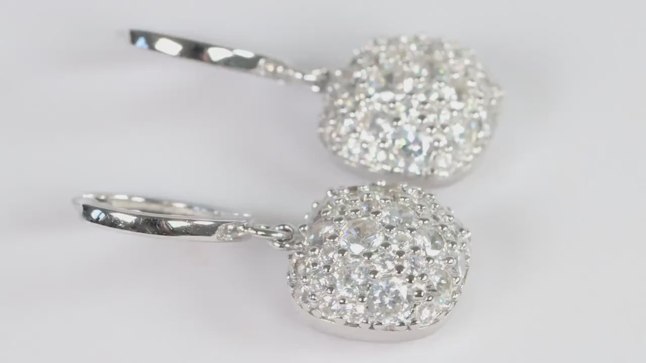 Sterling Silver 925 Pave CZ Set Square Cushion Shape Dropper Earrings