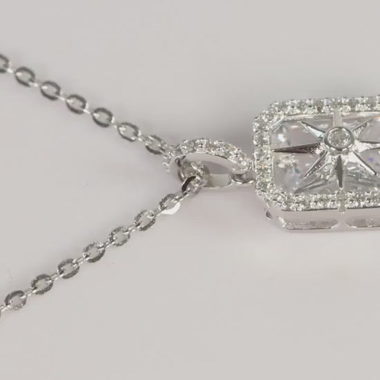 Silver North Star CZ Pendant Necklace, Rectangular Halo Statement Jewellery, Gift for Her