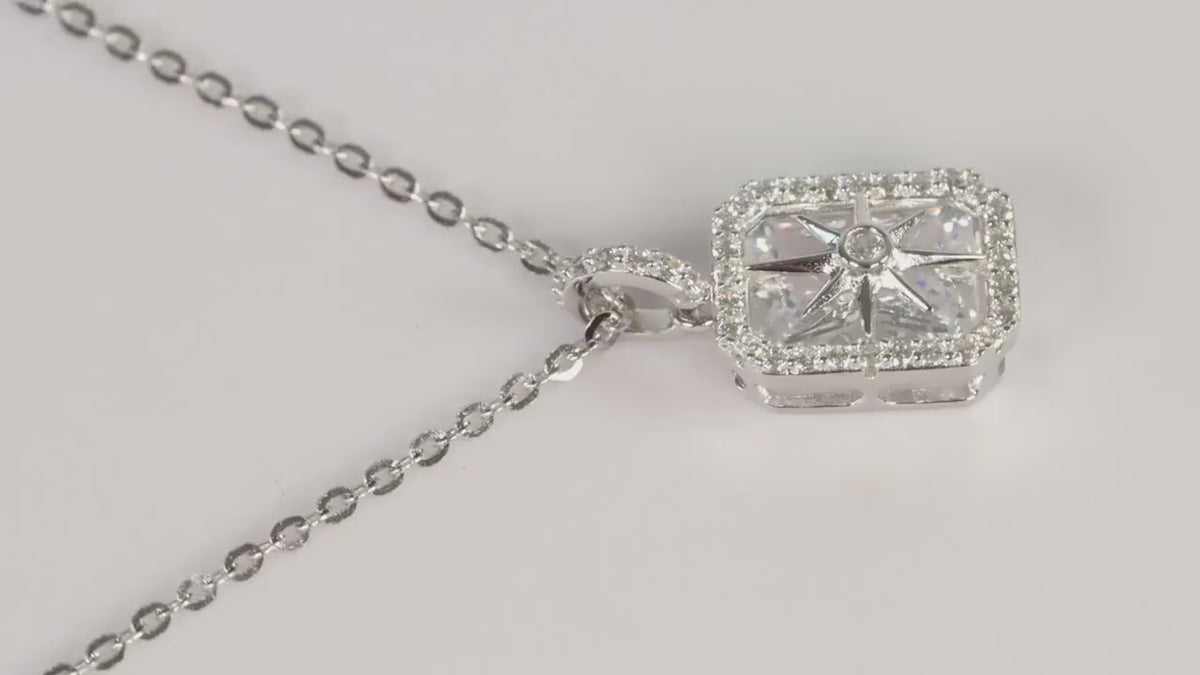 Silver North Star CZ Pendant Necklace, Rectangular Halo Statement Jewellery, Gift for Her
