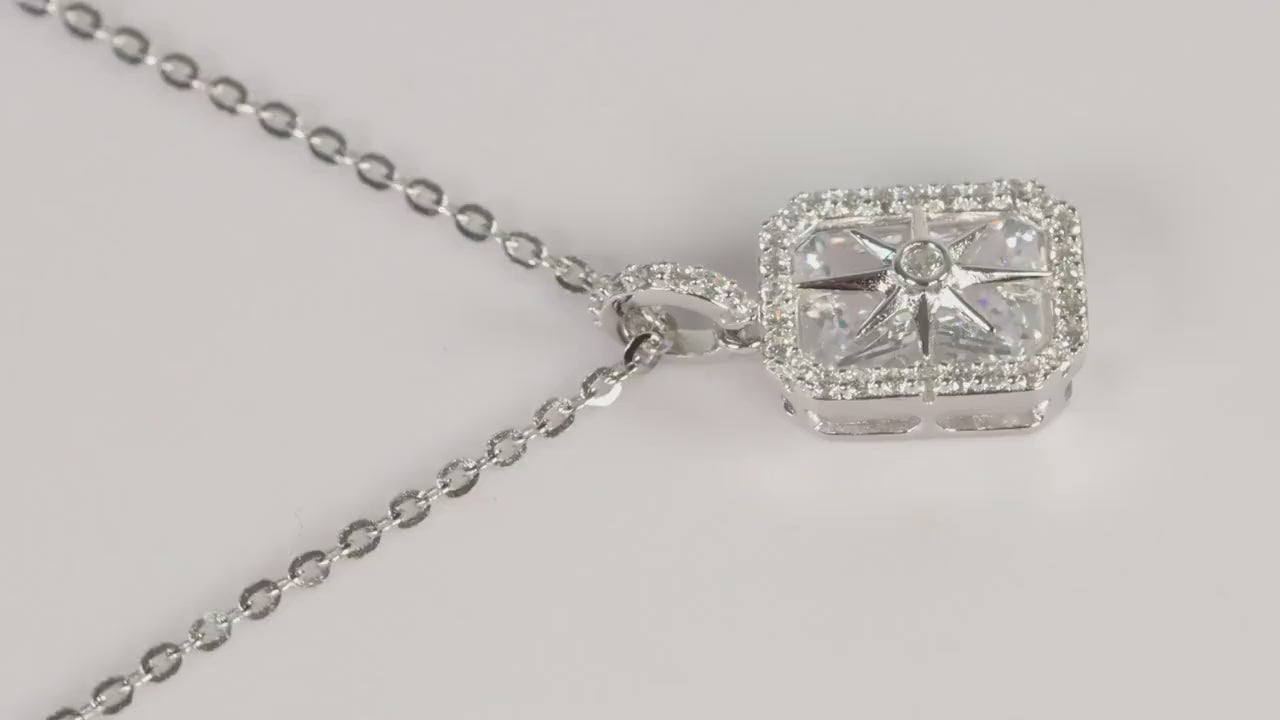 Silver North Star CZ Pendant Necklace, Rectangular Halo Statement Jewellery, Gift for Her