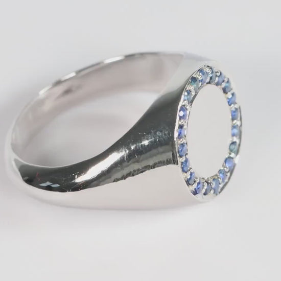Silver Round Signet Ring set with Blue Sapphire Gemstones