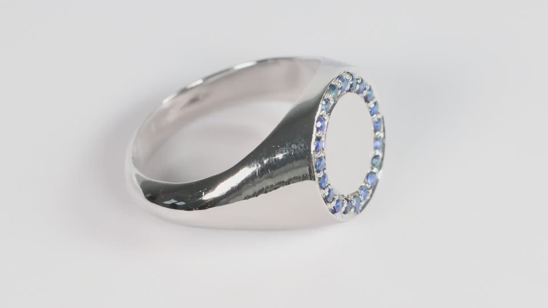 Silver Round Signet Ring set with Blue Sapphire Gemstones