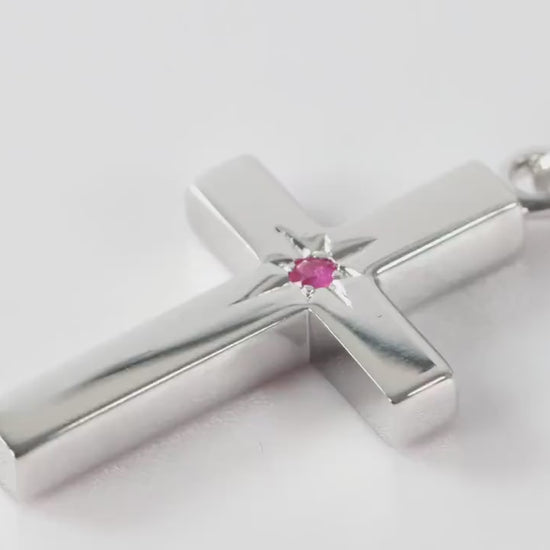 Small Silver Cross Pendant set with Ruby Gemstone