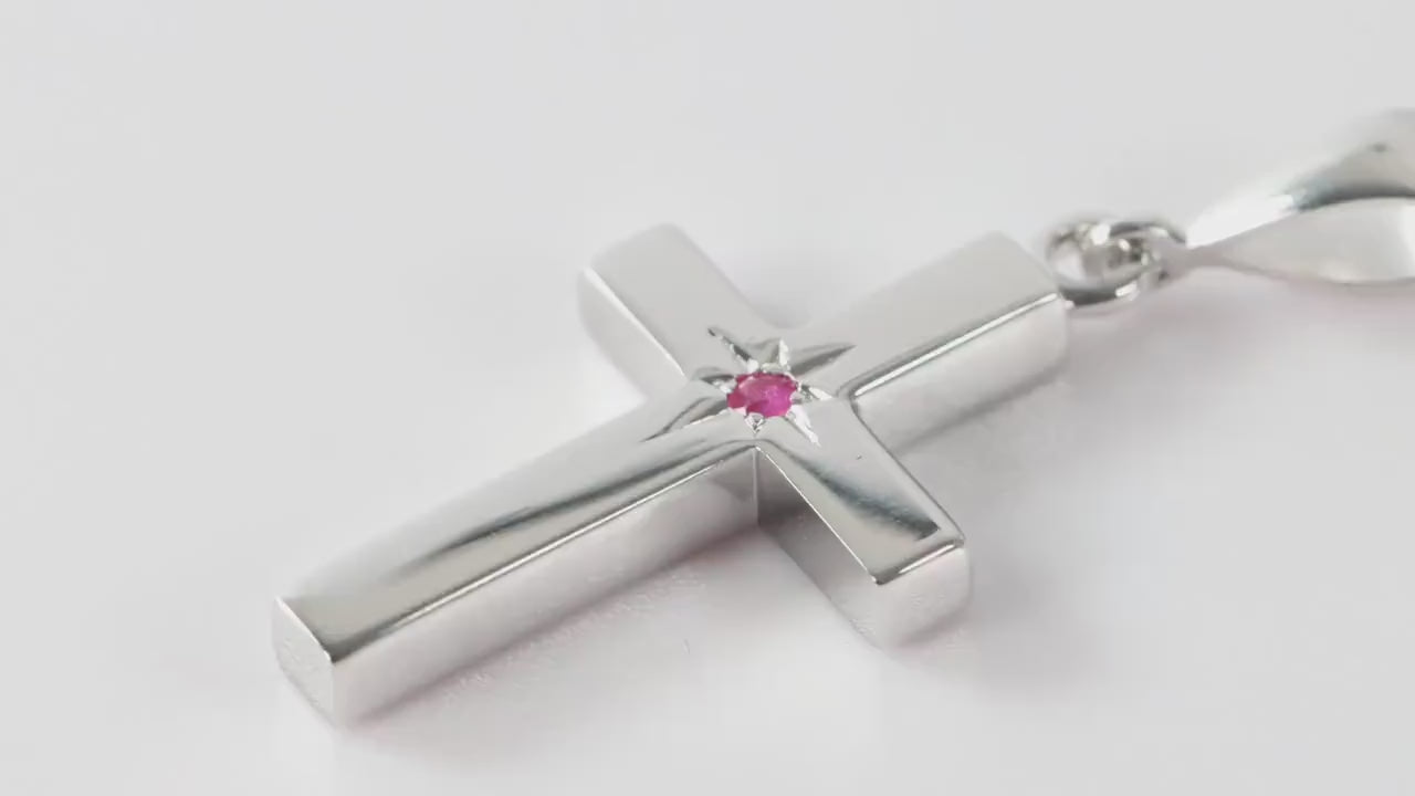 Small Silver Cross Pendant set with Ruby Gemstone