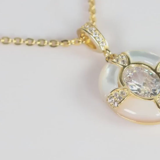Gold Mother of Pearl Oval Pendant Necklace, Sparkling CZ Statement Jewellery, Gift for Her, Sterling Silver