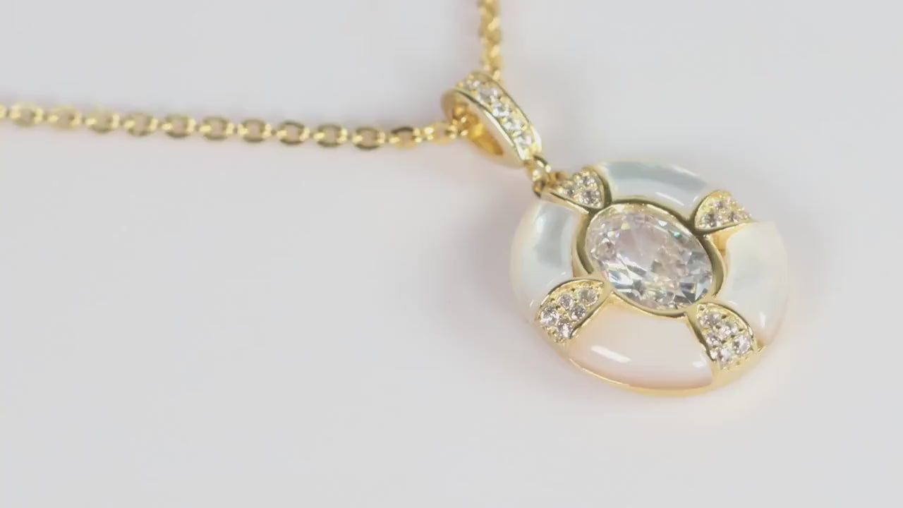 Gold Mother of Pearl Oval Pendant Necklace, Sparkling CZ Statement Jewellery, Gift for Her, Sterling Silver