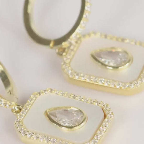 Sterling Silver 925 Gold Plated Rectangular Mother of Pearl and White Teardrop CZ