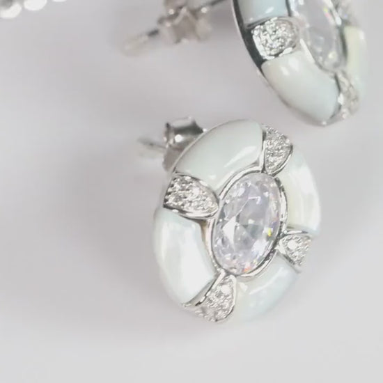 Silver Mother of Pearl Oval CZ Pendant, Art Deco Statement Necklace, Gift for Her