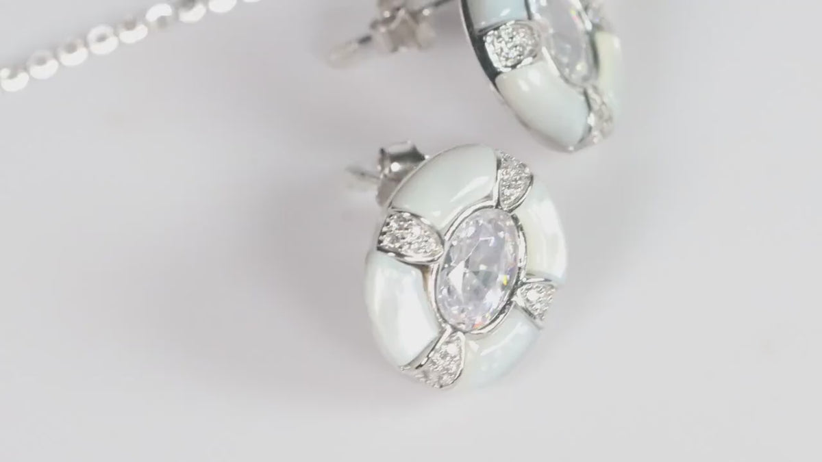 Silver Mother of Pearl Oval CZ Pendant, Art Deco Statement Necklace, Gift for Her