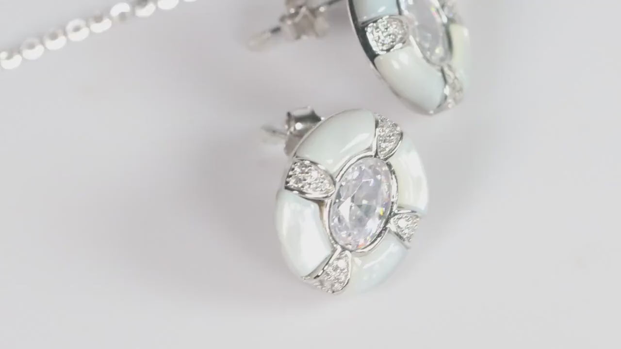 Silver Mother of Pearl Oval CZ Pendant, Art Deco Statement Necklace, Gift for Her