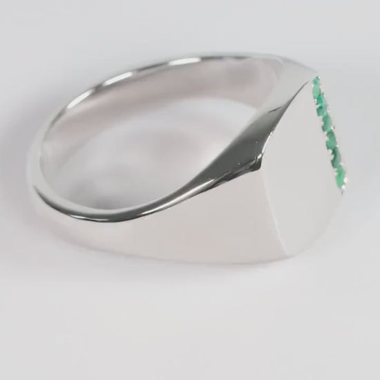 Silver Cushion Signet Ring set with Green Emerald Gemstones