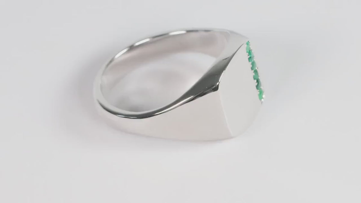 Silver Cushion Signet Ring set with Green Emerald Gemstones