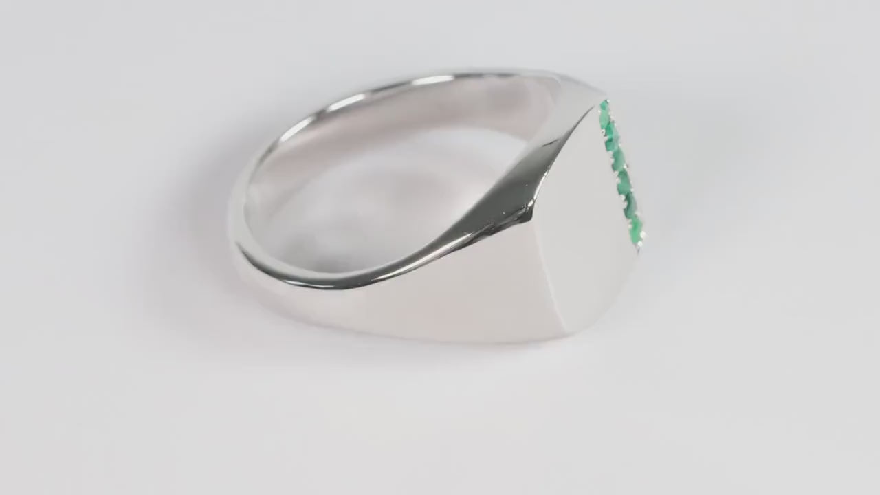Silver Cushion Signet Ring set with Green Emerald Gemstones